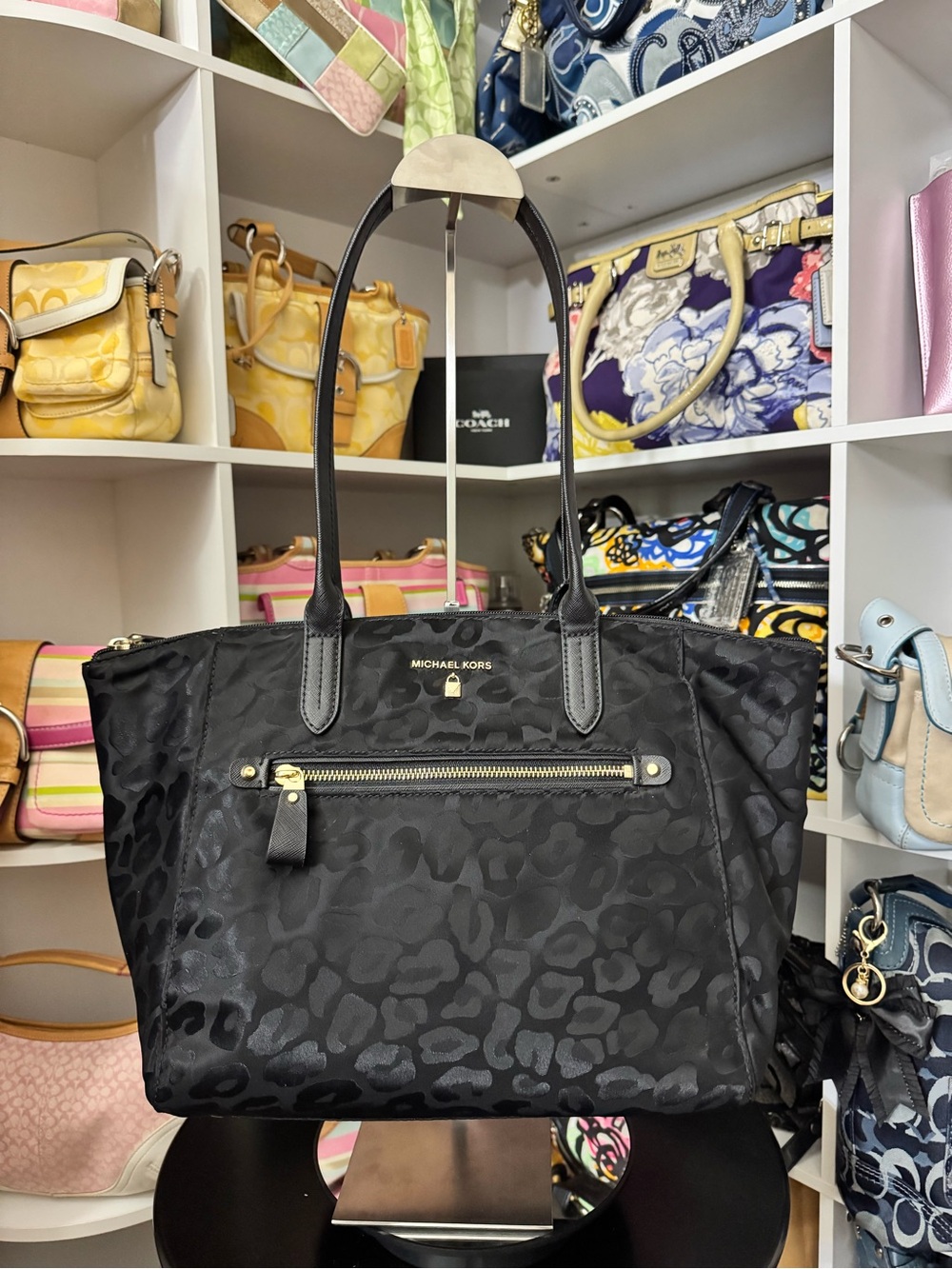 Michael Kors Black Leopard-Print Nylon Tote